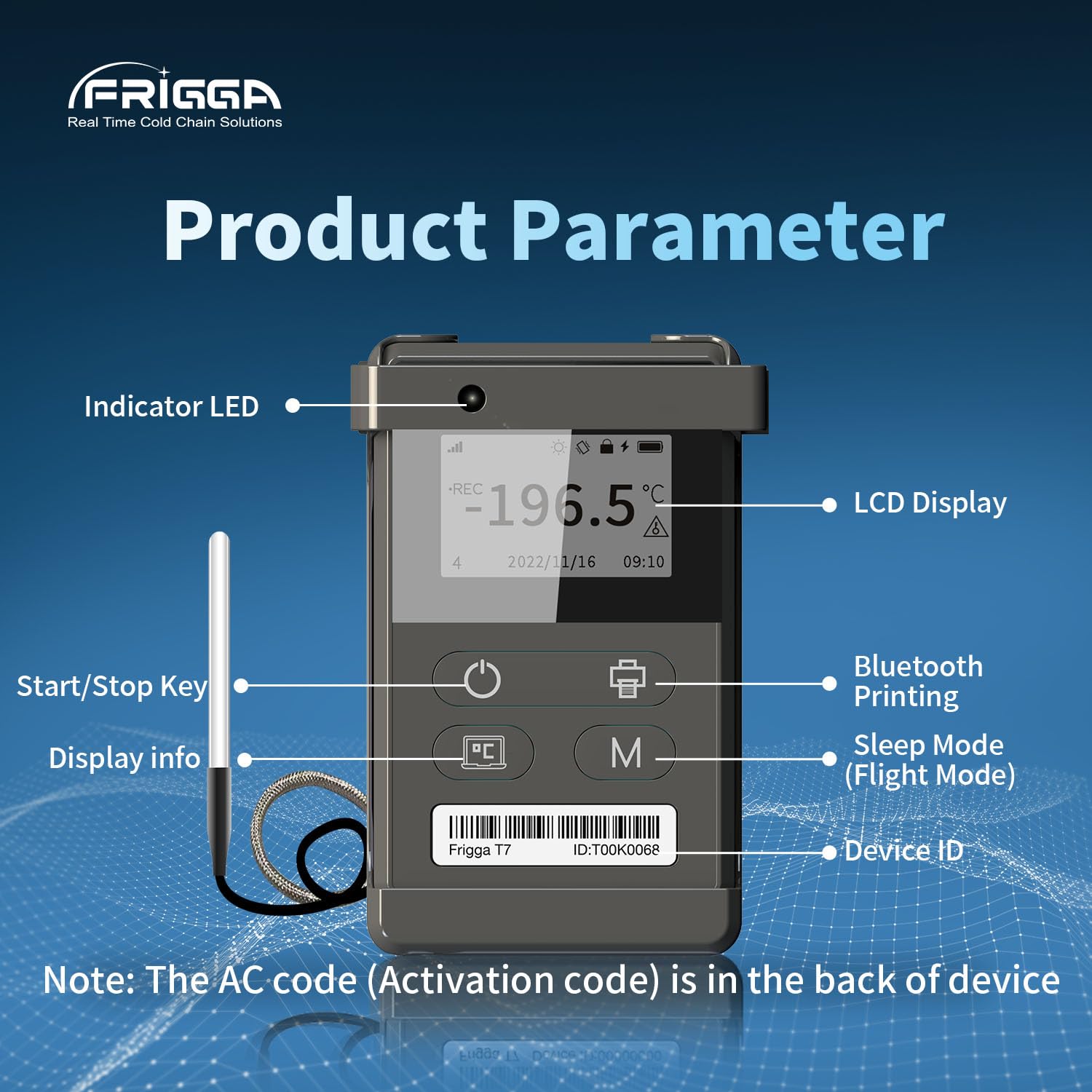 Frigga T72 4G/5G Temperature Monitor Real-Time Reusable Temperature Data Logger with Ultra-Low External Sensor Remote Digital Refrigerator Thermometer Rechargeable 24/7 Monitoring & Instant Alerts