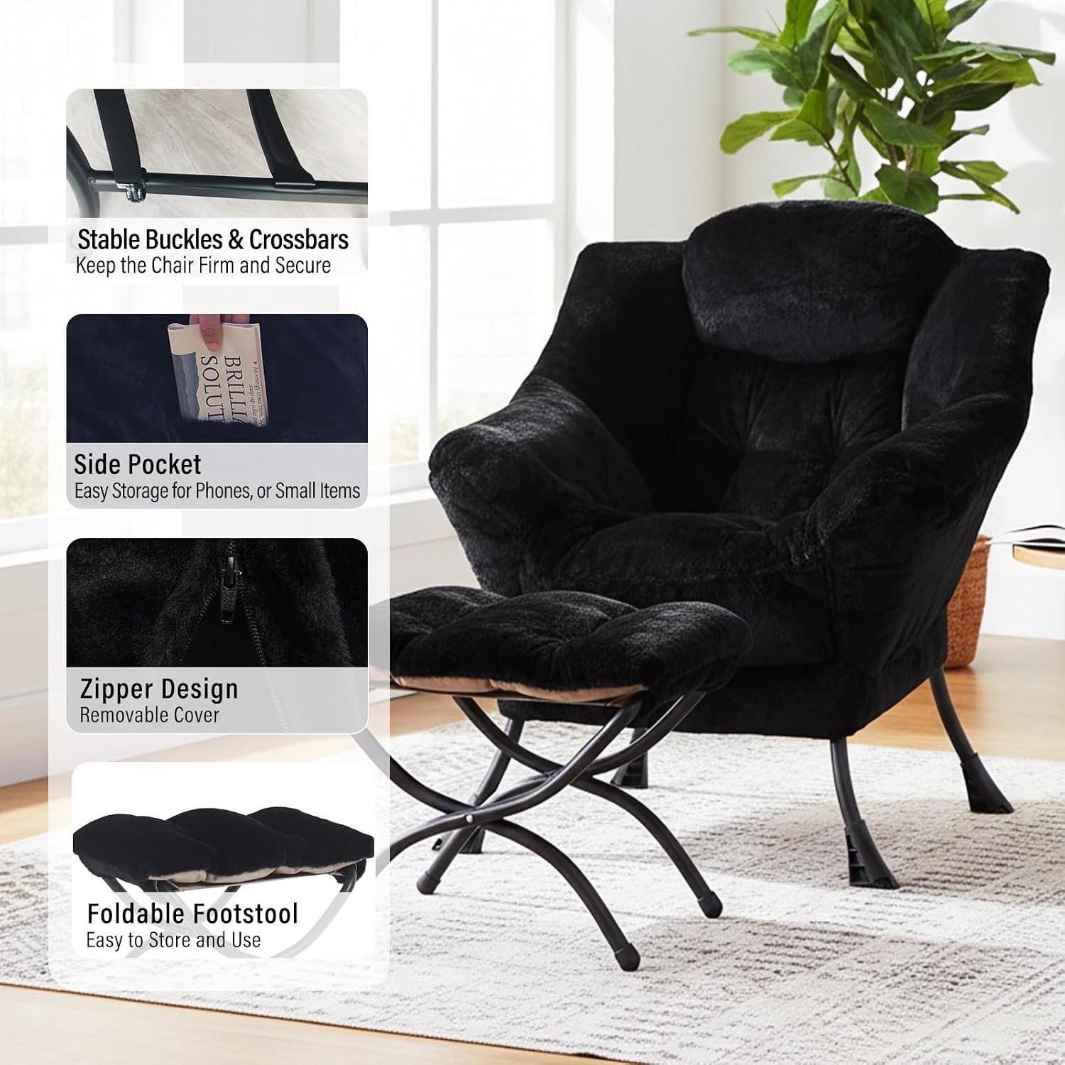 Furlide Lazy Chair with Ottoman, Modern Accent Chair with Armrests and a Side Pocket, Plush Black Accent Chairs, Reading Chairs, Oversized Armchairs for Bedroom, Study, Living Room, Courtyard