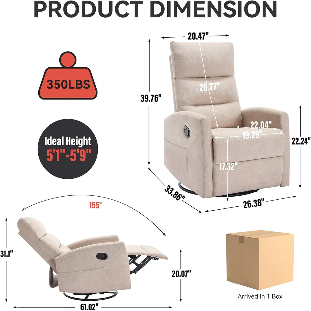 PELUMY Manual Recliner Chair, 360° Swivel Glider and Rocker Recliner with 155° Recline, Compact Fabric Recliner for Small Space, Nursery, Living Room, Bedroom, No Tools Assembly (Beige)