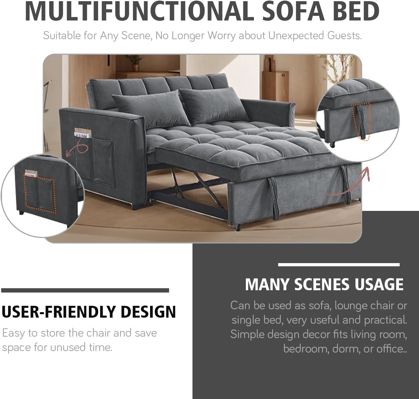 3 in 1 Convertible Sleeper Sofa Bed, 54'' Full Size Velvet Pull Out Futon Couch Recliner with Reclining Backrest & 2 Pillows, Small Loveseat Lounge Couches for Small Spaces (Medium Grey)