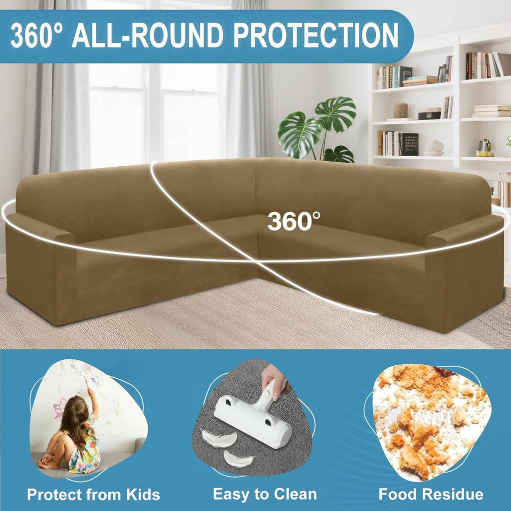 HDCAXKJ Corner Sectional Couch Covers Velvet Stretch L Shape Sofa Cover Soft Thick Sectional Slipcovers Set U Shaped Living Room Non Slip Magic Furniture Protector for Pet Dogs (Brown Khaki, X-Large)