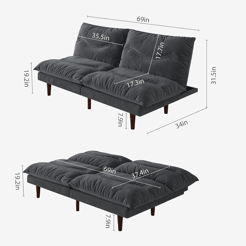 DreamDashio Futon Sofa Bed, 69 inch Futon Couch with Adjustable Backrest, Corduroy Convertible Sleeper Sofa Bed, Folding Sleeper Recliner for Apartment, Living Room, Office, Grey