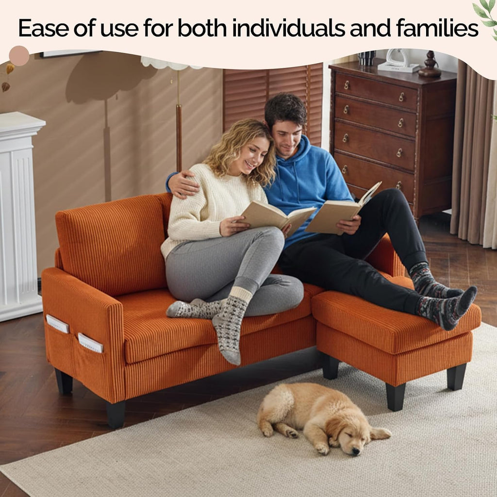 VINGLI 68.5' L Shaped Couch with Movable Storage Ottoman, Convertible Sectional Sofa in Soft Corduroy Fabric, Modern Reversible Chaise Couch for Small Spaces, Apartment, Living Room，Orange