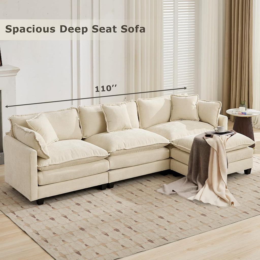 SoarFlash 77.95' Chenille Sectional Sofa, Comfy L Shaped Modular Coush Sofa with Ottoman, Modern 2 Seat Couch Deep Seat Sofa Set for Living Room,Beige