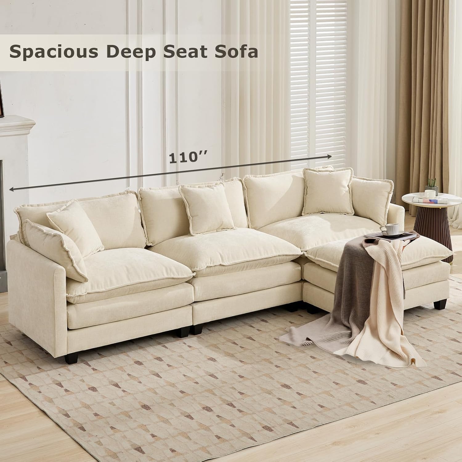 SoarFlash 113.78' Chenille Sectional Sofa, Comfy L Shaped Modular Coush Sofa with Ottoman, Modern 4 Seat Couch Deep Seat Sofa Set for Living Room,Beige