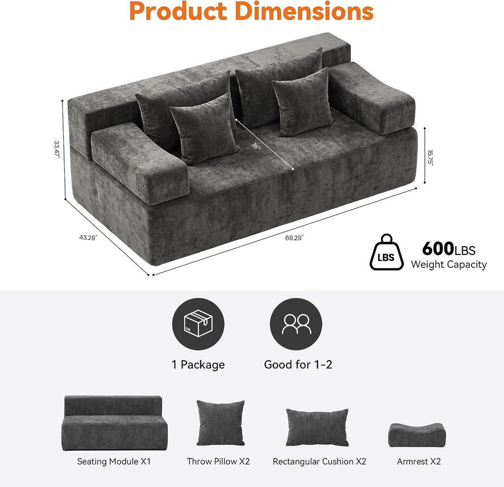 MONVANE 70' Loveseat Sofa with Removable Armrests, Comfy Chenille Cloud Couch with 4 Pillows, Modern Deep Seat Boneless Couch, 2 Seater Sofa for Living Room, No Assembly Required, Grey