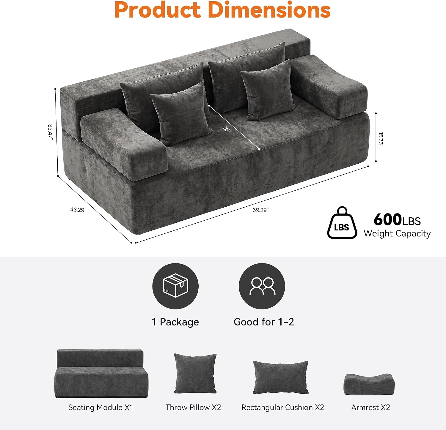 MONVANE 70' Loveseat Sofa with Removable Armrests, Comfy Chenille Cloud Couch with 4 Pillows, Modern Deep Seat Boneless Couch, 2 Seater Sofa for Living Room, No Assembly Required, Grey