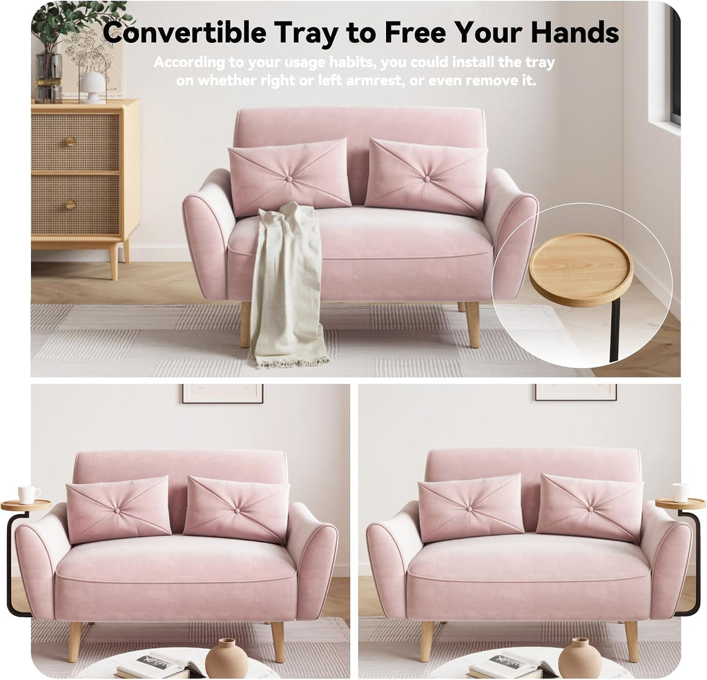 Brelice Loveseat Sofa, 47' Velvet Couch for Bedroom, Convertible Wooden Tray & Ergonomic Armrest, for Small Space, Apartment, Living Room, Home Office, Easy Assembly, Pink