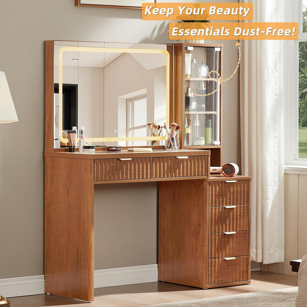 LEYAOYAO Vanity Desk with Mirror and Lights, 43.5'' Fluted Makeup Vanity with 6 Drawers and Adjustable Shelves, Glass Top Make Up Vanity, Girls Wood Dressing Table with Power Outlet for Bedroom