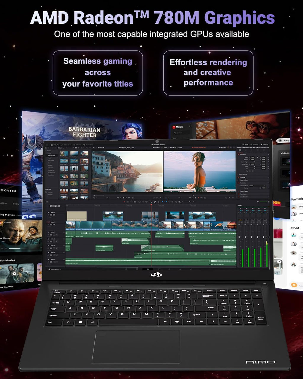 NIMO 17.3' Light-Gaming-Laptop, AMD Ryzen 7 8745HS 8 Cores up to 4.9GHz, 64GB DDR5 RAM 2TB SSD, Radeon 780M Graphics, FHD IPS Display, 100W USB-C Fast Charger, Backlit Keyboard, Fingerprint