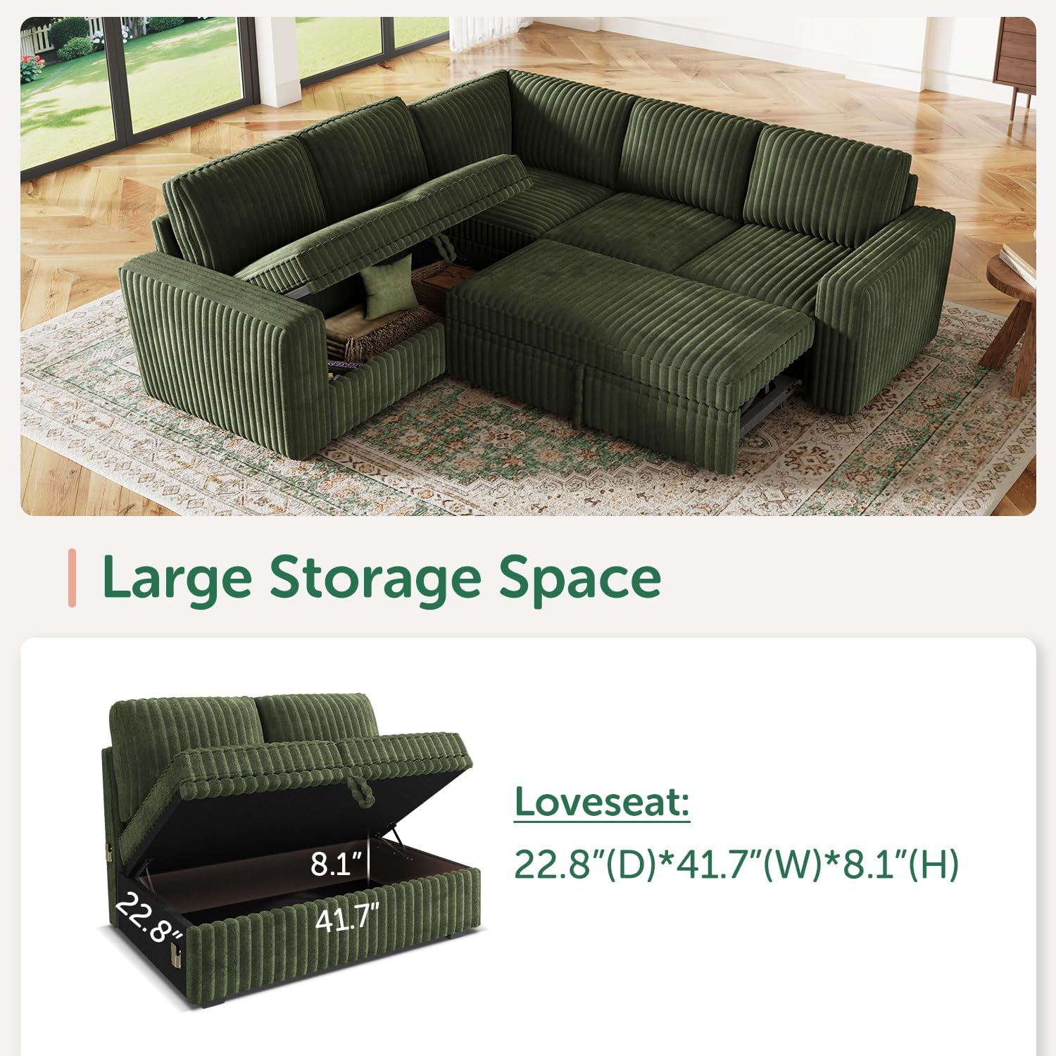 HONBAY Modular Sectional Sleeper Sofa with Pull Out Bed,Corduroy L Shaped Couch with Storage, Sectional Couches for Living Room,Green
