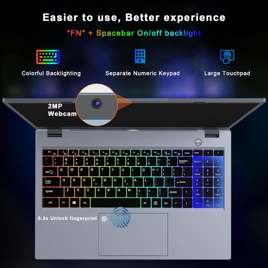 Gaming Laptop, Laptop Computer 2026, 15.6 Inch Lap Top, 16GB DDR4, 1TB SSD, MX450 TU117 GPU, N-series 4C/4T Processor, Win 11 pro, Colorful Backlit, 1080 FHD, HDMI, Wifi5, Metal Shell, Fingerprint