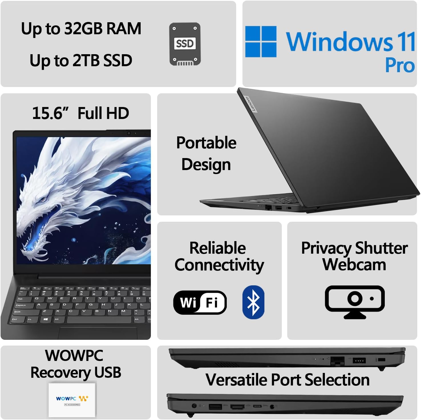Lenovo V15 Laptop | 15.6' FHD (1920 x 1080) Display | Intel Quad-core Processor | Ethernet RJ-45 | WOWPC Recovery USB (Windows 11 Pro, 16GB RAM | 1TB SSD)