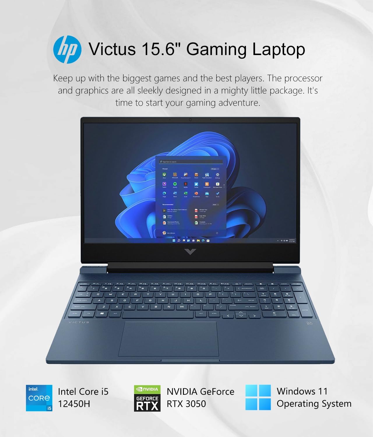 HP Victus 15.6' Full HD 144Hz Gaming Laptop, Intel Core i5-12450H, 32GB RAM, 1TB SSD, NVIDIA GeForce RTX 3050, Bluetooth, Wi-Fi, Backlit Keyboard, Win11, Performance Blue, W/GaLiMu