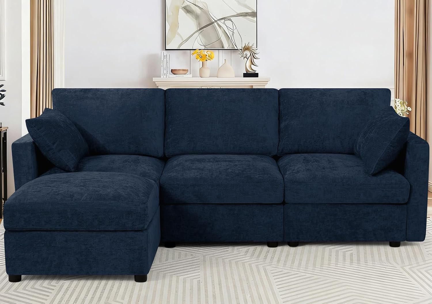 84' Chenille 3-Seats Sofa W/Movable Ottoman, Modern Fabric L-Shaped Couch w/Soft Backrests, Upholstered Sectional Sofa w/Arm Pillows for Living Room, Office, Blue
