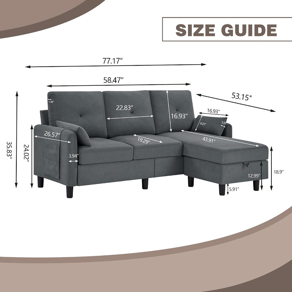 Convertible Sectional Sofa, 77' Small L Shaped 3 Seat Couch with Reversible Storage Chaise, Modern Polyester Fabric Sofa Couches for Living Room, Apartment and Small Space, Dark Grey