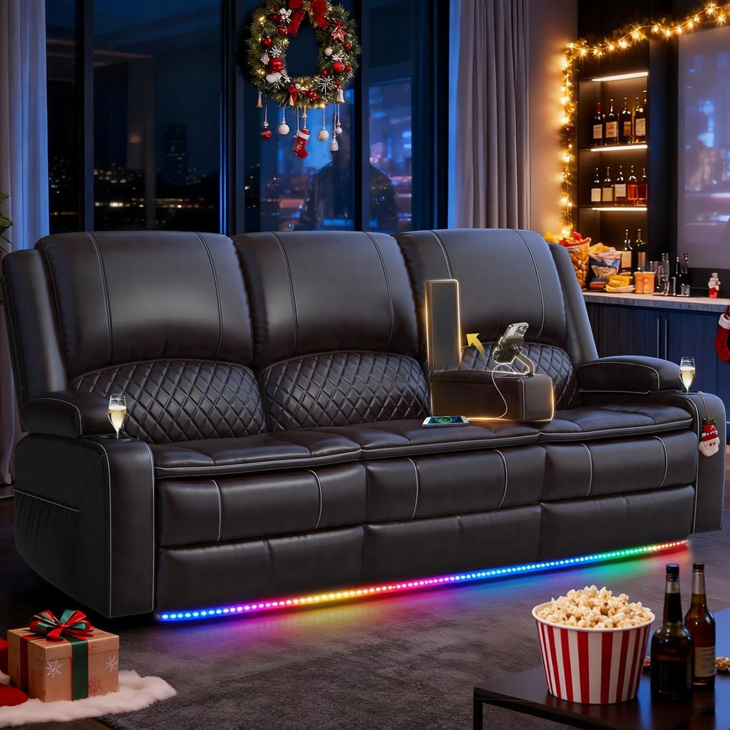 Redesigned Recliner Sofa 3 Seater Couch with Recliner, Home Theater Seating with Liftable Console & Removable Armrest, Manual PU Leather Sofa Reclining with Storage & USB Ports for Living Room