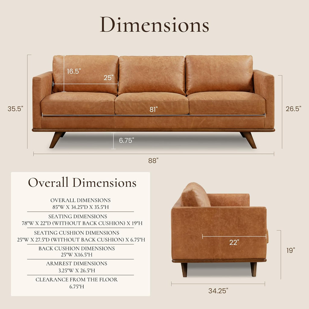 POLY & BARK Nolita 85' Leather Sofa – Full-Grain Italian Aniline Leather, Feather-Down Comfort, Solid Wood Base – Cognac Tan