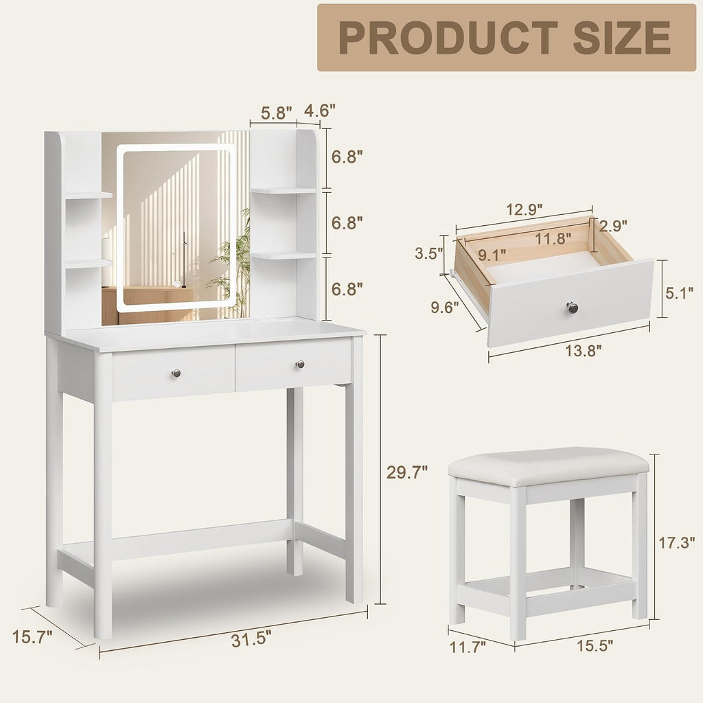 Vanity Desk with Mirror and LED Lights, Small Makeup Vanity Table Set with Drawers and Chair, Dressing Table with Power Outlet for Girls Bedroom, White