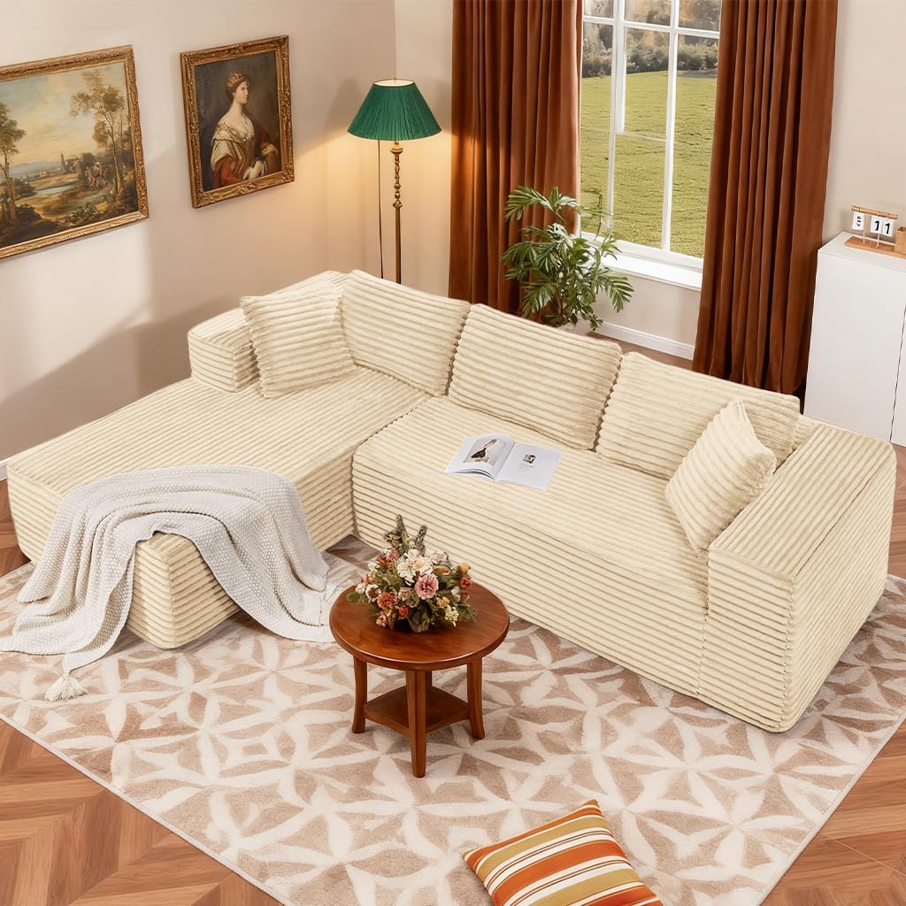 COMHOMA 105'Modular Sectional Sofa with Deep Seat,Cloud Upholstered L-Shape Couch Wide Arms Corduroy Fabric High-Density Foam Chaise Lounge for Living Room No Assembly Required