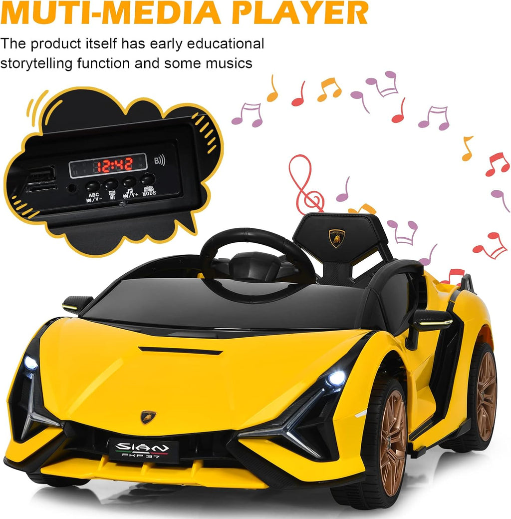 INFANS 12V Licensed Lamborghini Sian Kids Ride On Car with Parent Remote Control, Spring Suspension, MP3 Player, Electric Toy Roadster Carbon Fiber Textured for Toddler (Yellow)