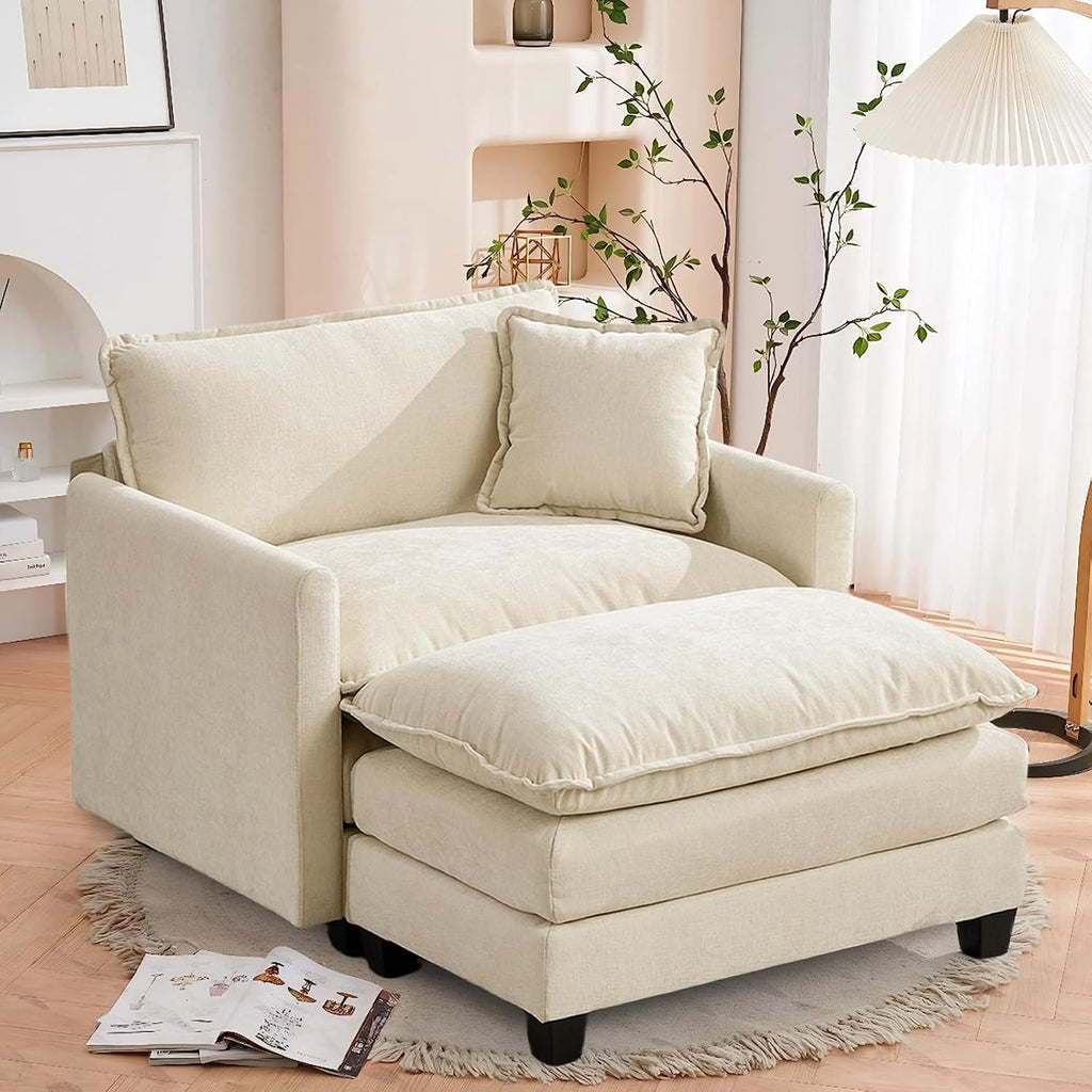 SoarFlash Chenille Sectional Sofa, Comfy Modular Single Sofa with Ottoman, Modern Recliner Deep Seat Sofa Set for Living Room,Beige