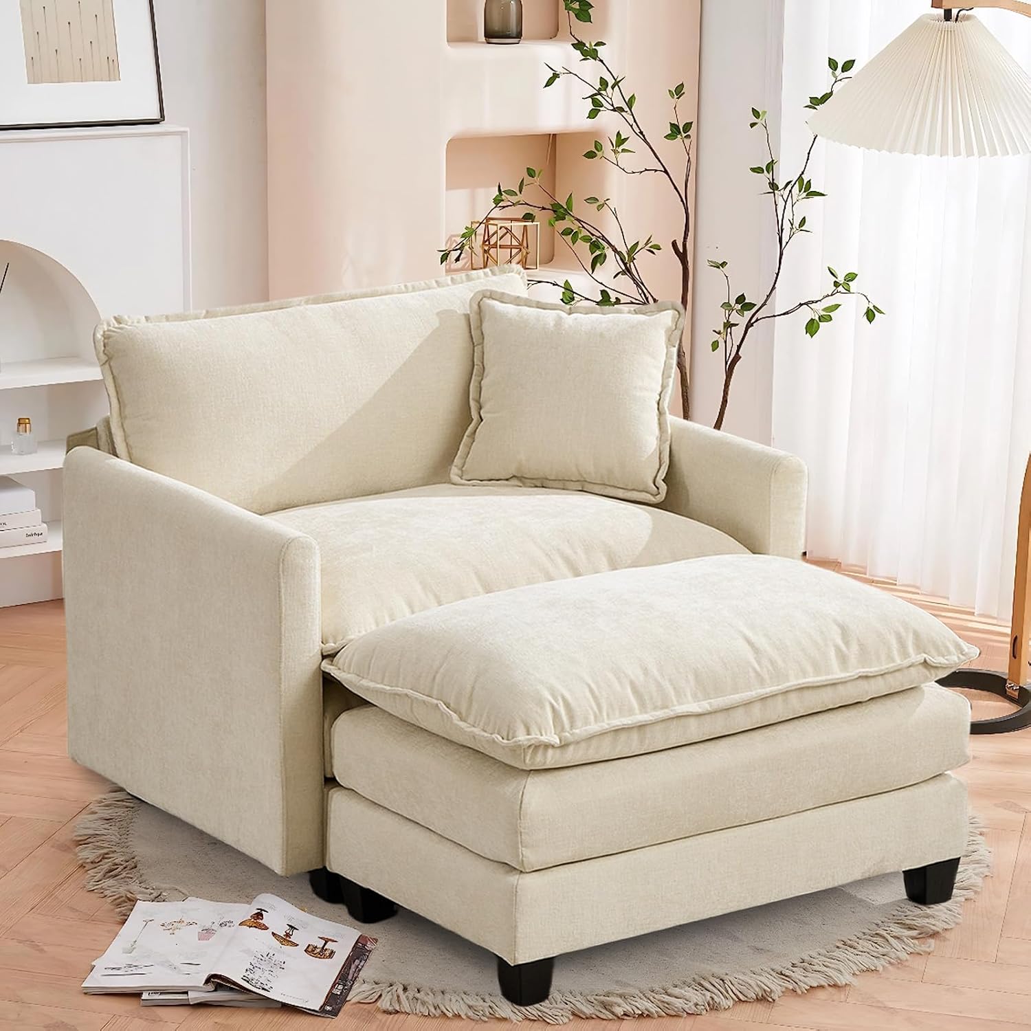 SoarFlash Chenille Sectional Sofa, Comfy Modular Single Sofa with Ottoman, Modern Recliner Deep Seat Sofa Set for Living Room,Beige