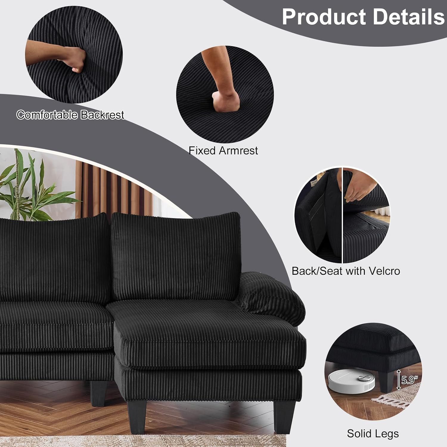 Karl home U-Shape Sectional Sofa Couch 111' Modern 4-Seat Sofa with Chaises Corduroy Fabric Upholstered Covertible Couch with Wood Grain Legs for Living Room, Reception Room, Apartment, Black