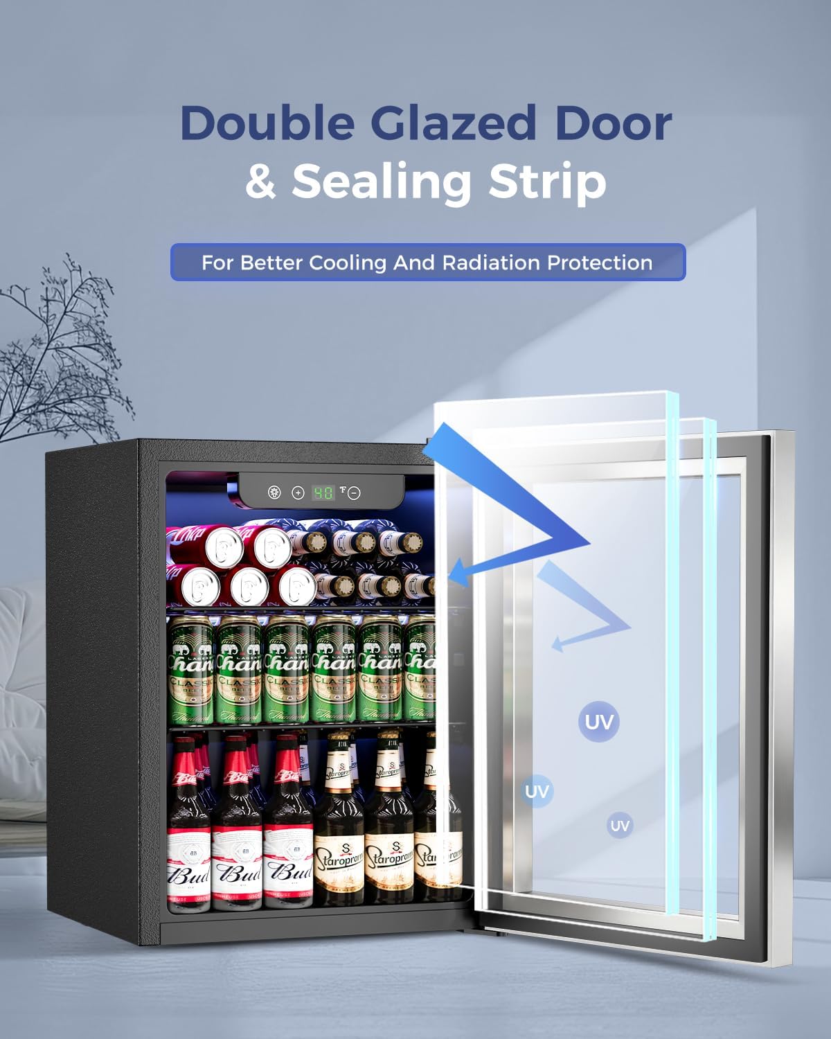 Feelfunn 1.7 Cu.Ft Beverage Refrigerator Cooler - 68 Can Mini Fridge Glass Door for Drink Soda Beer Wine - Small Refrigerator for Bedroom Office Home Dorm Bar, Silver
