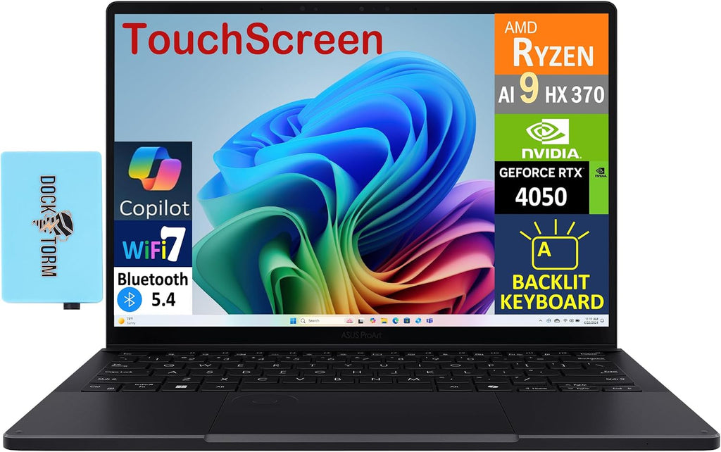 ASUS ProArt PX13 (Replace P16) 2-in-1 AI Laptop 13.3' Touch OLED 3K 500 nits Display (Ryzen AI 9 HX 370, RTX 4050, 32GB LPDDR5X, 1TB SSD, Backlit KYB, WiFi 7, BT 5.4, Win11H) w/DKZ USB Port Expander