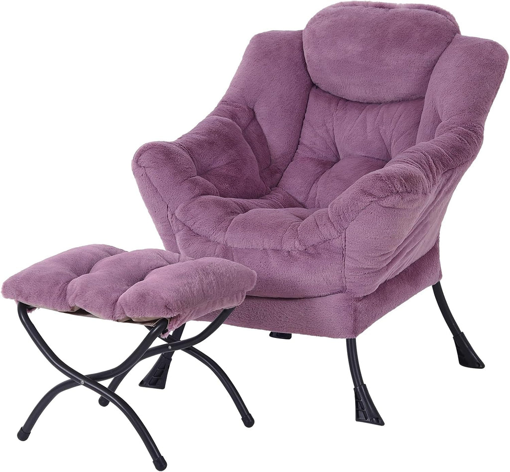 MBOOYOME Lazy Chair with Ottoman, Modern Accent Lounge Armchair with Side Pocket & Foldable Footstool, Leisure Reading Chair for Living Room, Bedroom, Dorm & Office, Plush Purple