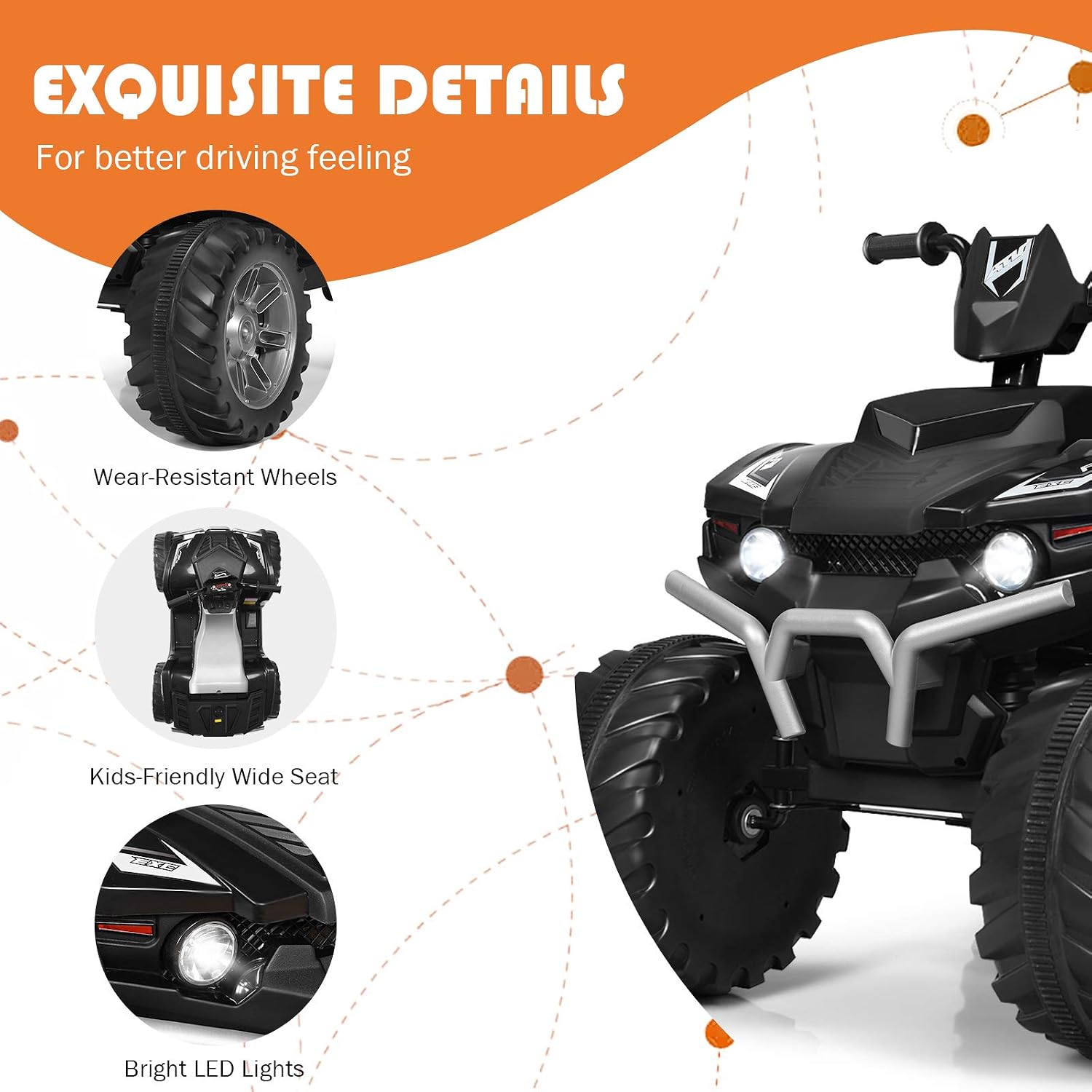 Costzon Kids ATV, 12V Battery Powered Electric Vehicle w/LED Lights, High & Low Speed, Horn, Music, USB, Treaded Tires, Ride on Car 4 Wheeler Quad for Boys & Girls Gift, Ride on ATV (Black)
