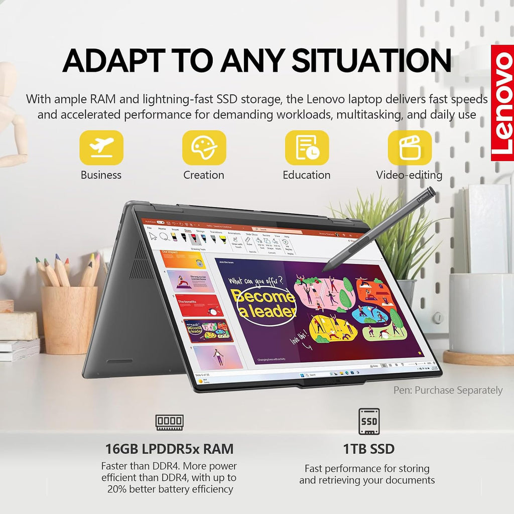 Lenovo Yoga 7i 2 in 1 Laptop Touchscreen, 16' FHD+ 360 Foldable Touch Screen Convertible, Intel Core Ultra 7, Windows 11 Pro, 16GB DDR5 RAM 512GB SSD|Backlit|Fingerprint|YGYTEaccessory