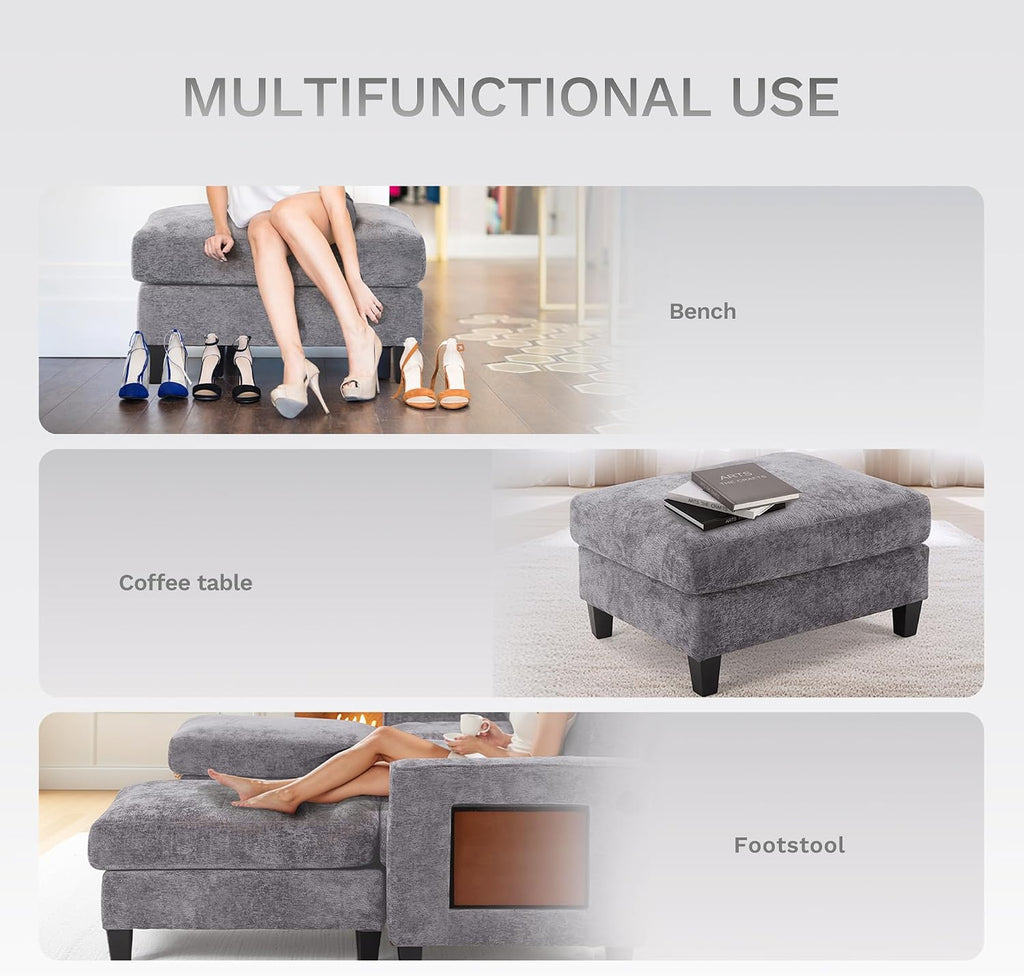 MALOL 118' U-Shaped Sectional Couch, 4-Seat Modular Sofa with USB Type C Ports, 2 Ottomans and Foldable Side Table, Grey for Living Room