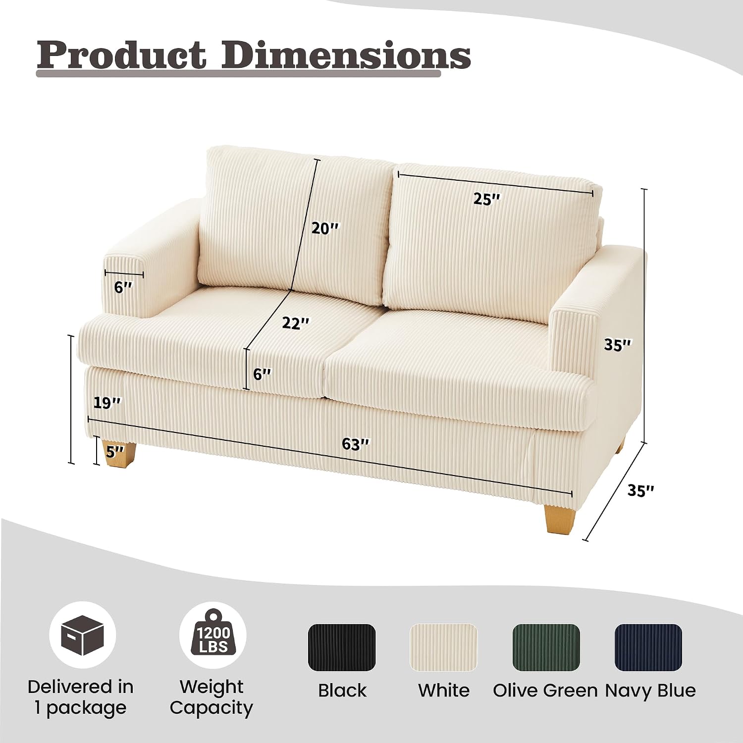Apicizon Loveseat & 3 Seater Sofa Sets, 89' Couch Sofa Set for Living Room Furniture Sets, 2 Piece Deep Seat Sleeper Sofa, Couch and Loveseat Sets for Apartment, White Corduroy