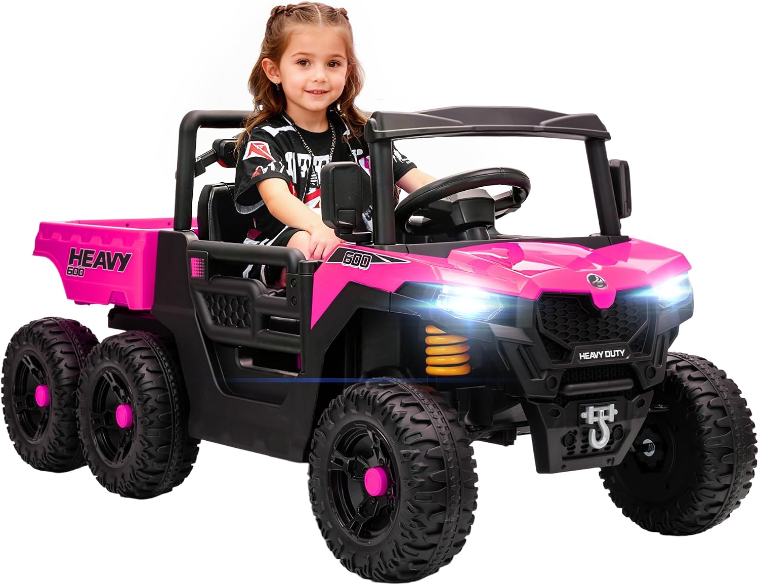 Qaba 24V Kids Ride On Car with 6 Wheels, 4WD Electric Ride On Dump Truck with Remote Control, Wheel Suspension, Off-Road UTV with LED Lights, Horn and Music for Kids 3-6 Years Old, Pink