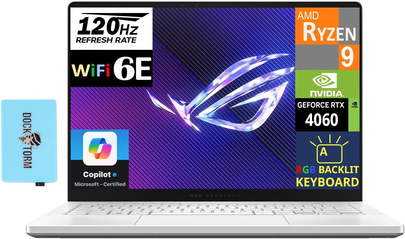 ASUS ROG Zephyrus G14 14.0' OLED 120Hz QHD White Gaming Laptop (AMD Ryzen 9 8945HS, RTX 4060 8GB, 16GB LPDDR5X RAM, 2TB PCIe SSD, RGB Backlit KB, Wifi 6E, Bluetooth 5.3, Micro SD, Win11Home) w/DKZ Hub