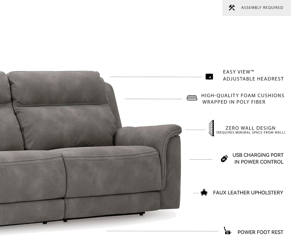 Signature Design by Ashley Next-Gen DuraPella Power Reclining Sofa, USB, Extended Ottoman, Water Repellent Faux Leather, 80' W x 42' D x 42' H, Slate Gray