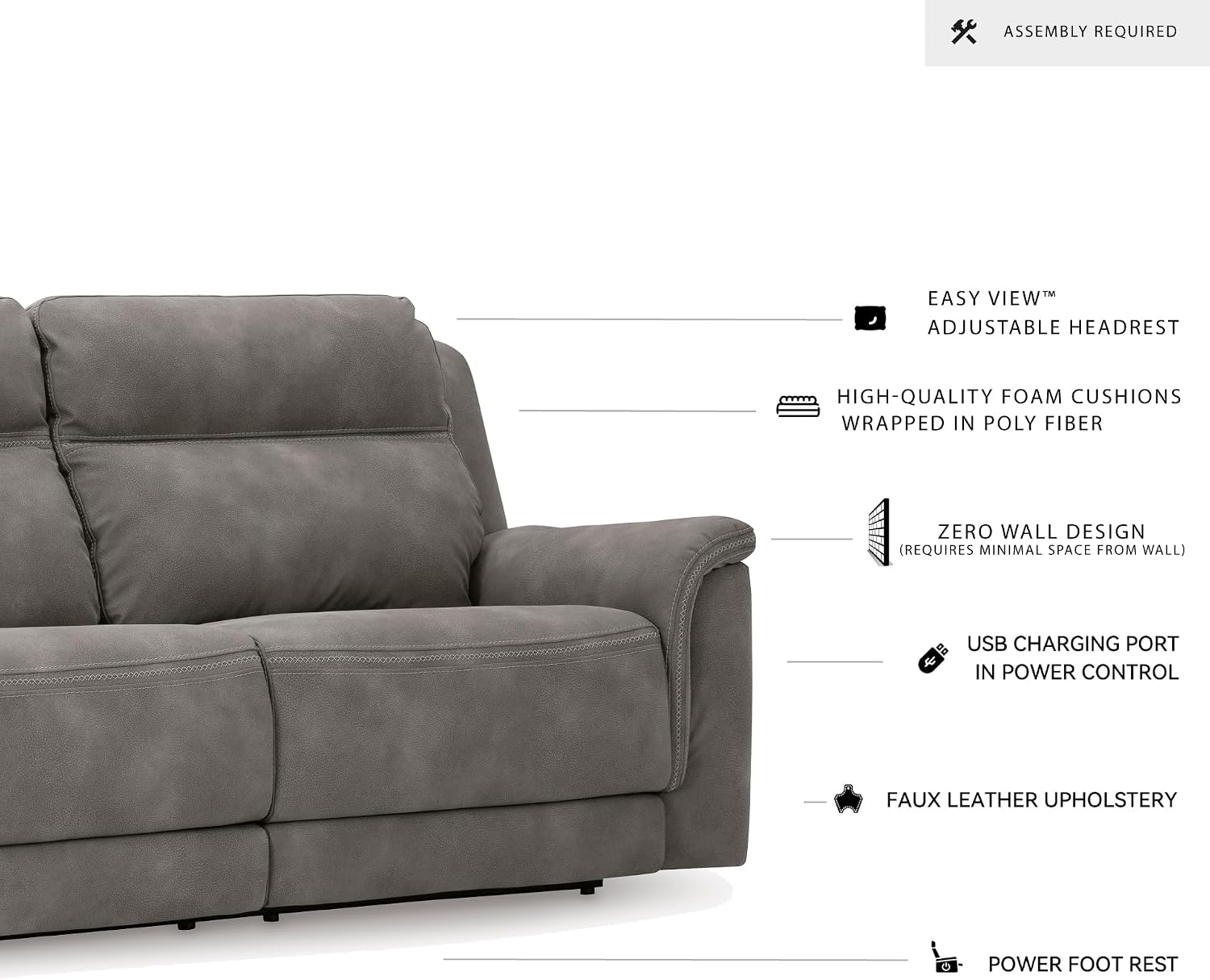 Signature Design by Ashley Next-Gen DuraPella Power Reclining Sofa, USB, Extended Ottoman, Water Repellent Faux Leather, 80' W x 42' D x 42' H, Slate Gray