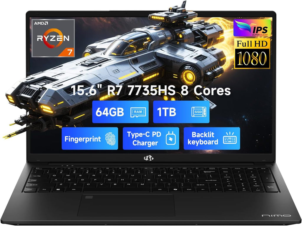 NIMO 15.6' IPS FHD Gaming-Laptop, AMD 8 Cores Ryzen 7 7735HS 64GB DDR5 RAM 1TB SSD (Beats i7-12650H, Up to 4.75GHz) Computer with Radeon 680M 100W Type-C Backlit Keyboard Fingerprint Unlock, Black