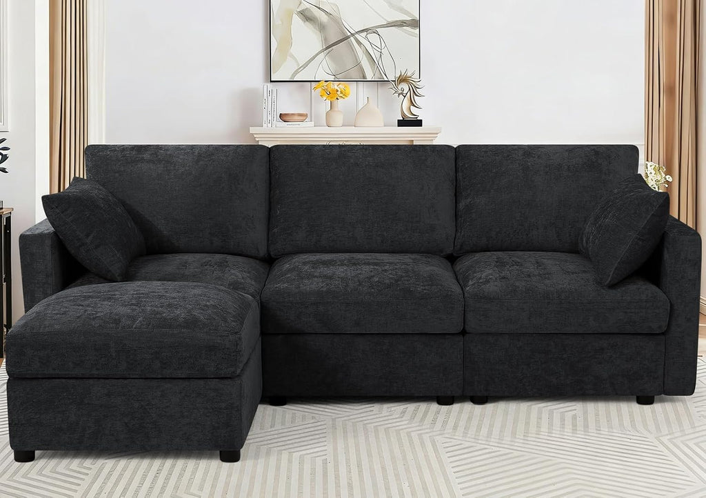 84 Inches Chenille 3-Seater Couch W/Movable Ottoman, Upholstered Sectional Sofa w/Soft Backrest, Modern Fabric L Shaped Couch w/Armrest Pillows for Living Room, Office, Black