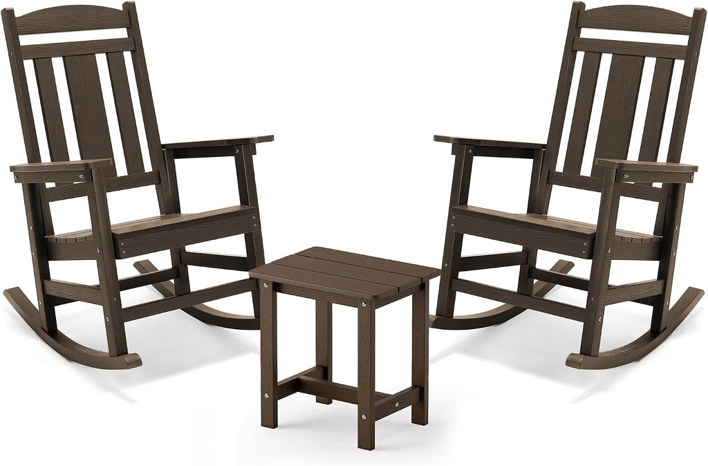 LUE BONA Outdoor Rocking Chairs Set, 3-Piece, Poly Porch Rockers with Table, Plastic Weather Resistant Rocking Chair Set for Outdoor Indoor, Garden, Backyard, 350lb, Brown, Chairs+Table