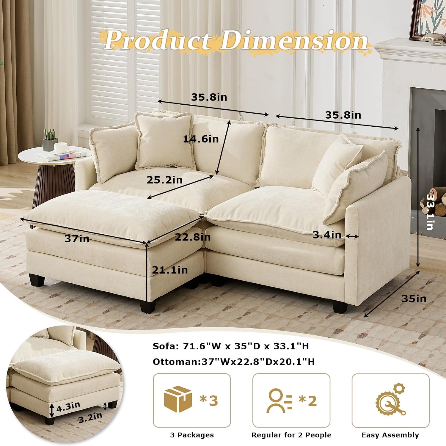 SoarFlash 77.95' Chenille Sectional Sofa, Comfy L Shaped Modular Coush Sofa with Ottoman, Modern 2 Seat Couch Deep Seat Sofa Set for Living Room,Beige