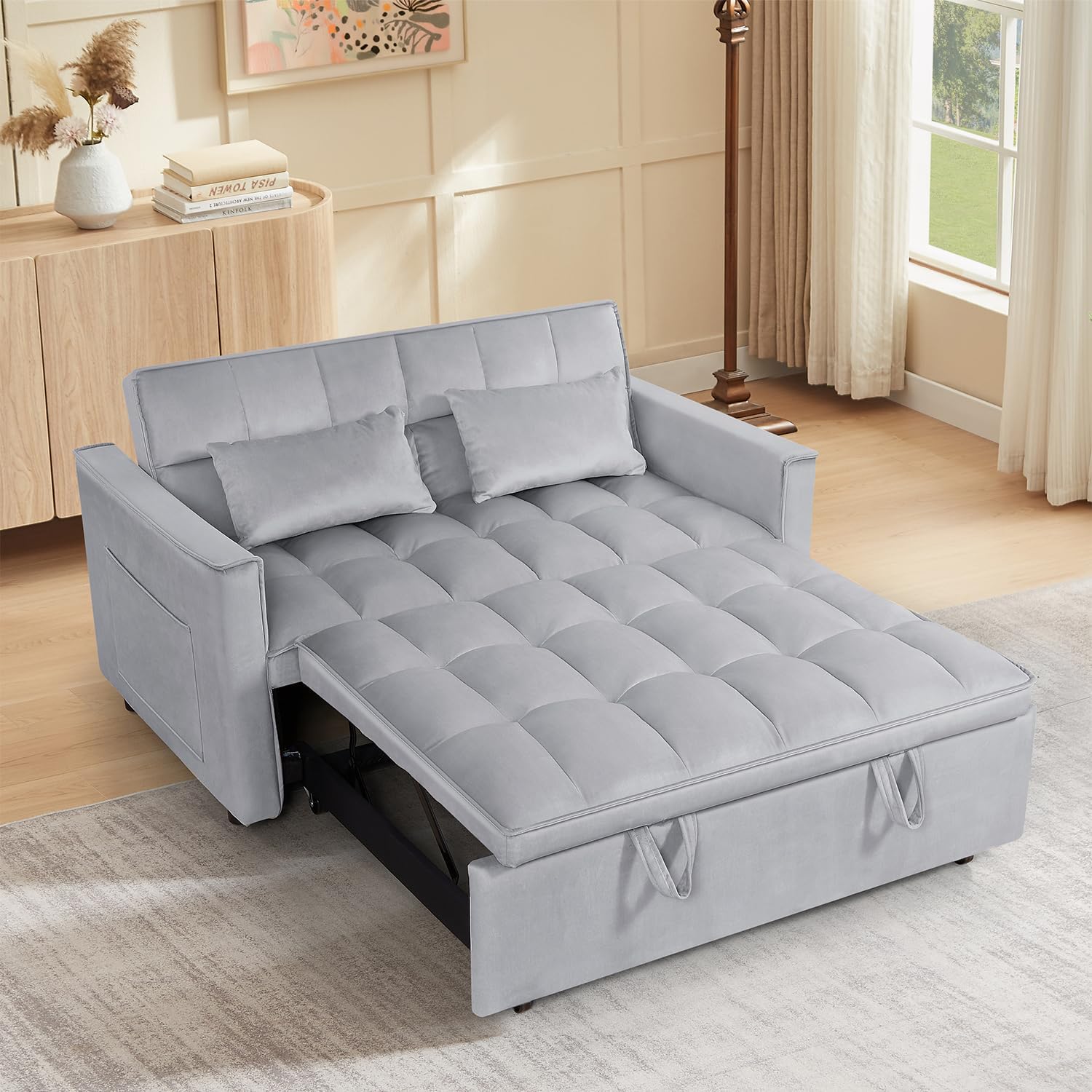 3 in 1 Convertible Sleeper Sofa Bed, 54'' Full Size Velvet Pull Out Futon Couch Recliner with Reclining Backrest & 2 Pillows, Small Loveseat Lounge Couches for Small Spaces (Silver Grey)