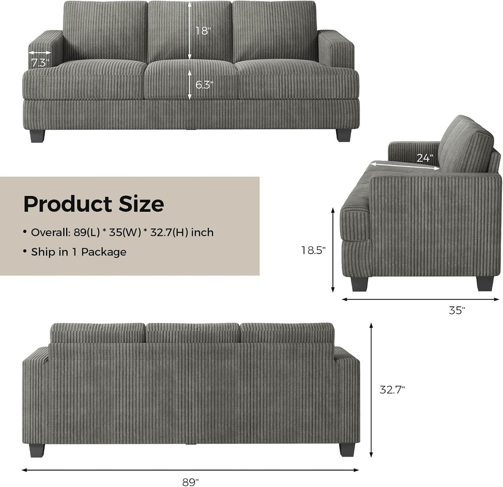 COPIAE 89 Inch Sofa with Extra Deep Seats Oversize, 3 Seater Sofa for Living Room, Modern Couch and Sofa, Comfy Armrests and Seats and Backrests, Easy Installation,Wide Corduroy Fabric Dark Grey