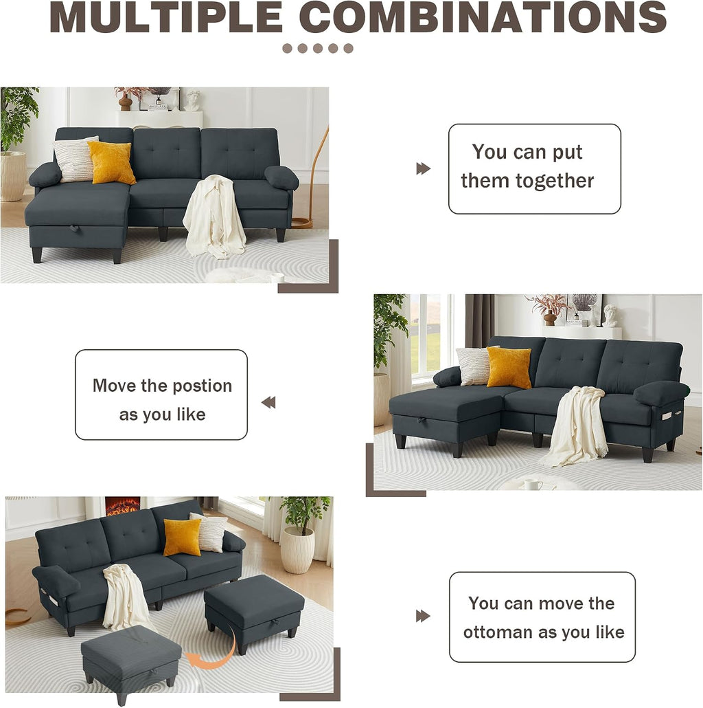 84' Sectional Sofa with Chaise, L Shape 3-Seat Couch with Storage Movable Ottoman, Polyster Fabric for Living Room,Apartment and Small Space, Dark Grey