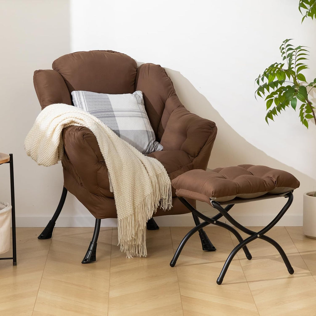 HollyHOME Lazy Chair with Foldable Ottoman, Accent Comfy Lounge Armchair and Folding Footrest Stool, Leisure Sofa Reading Chair and Footstool for Living Room, Bedroom, Dorm,Coffee Brown