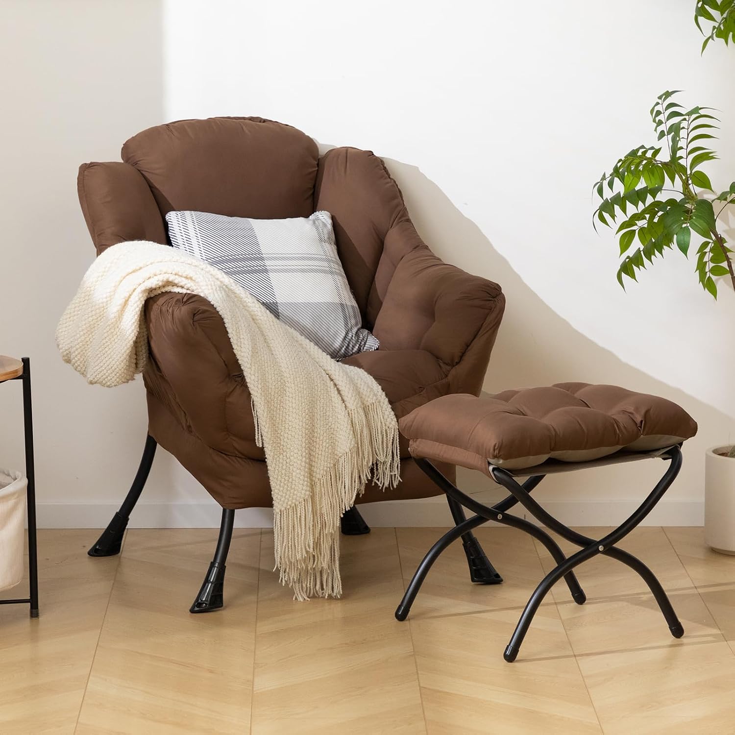 HollyHOME Lazy Chair with Foldable Ottoman, Accent Comfy Lounge Armchair and Folding Footrest Stool, Leisure Sofa Reading Chair and Footstool for Living Room, Bedroom, Dorm,Coffee Brown