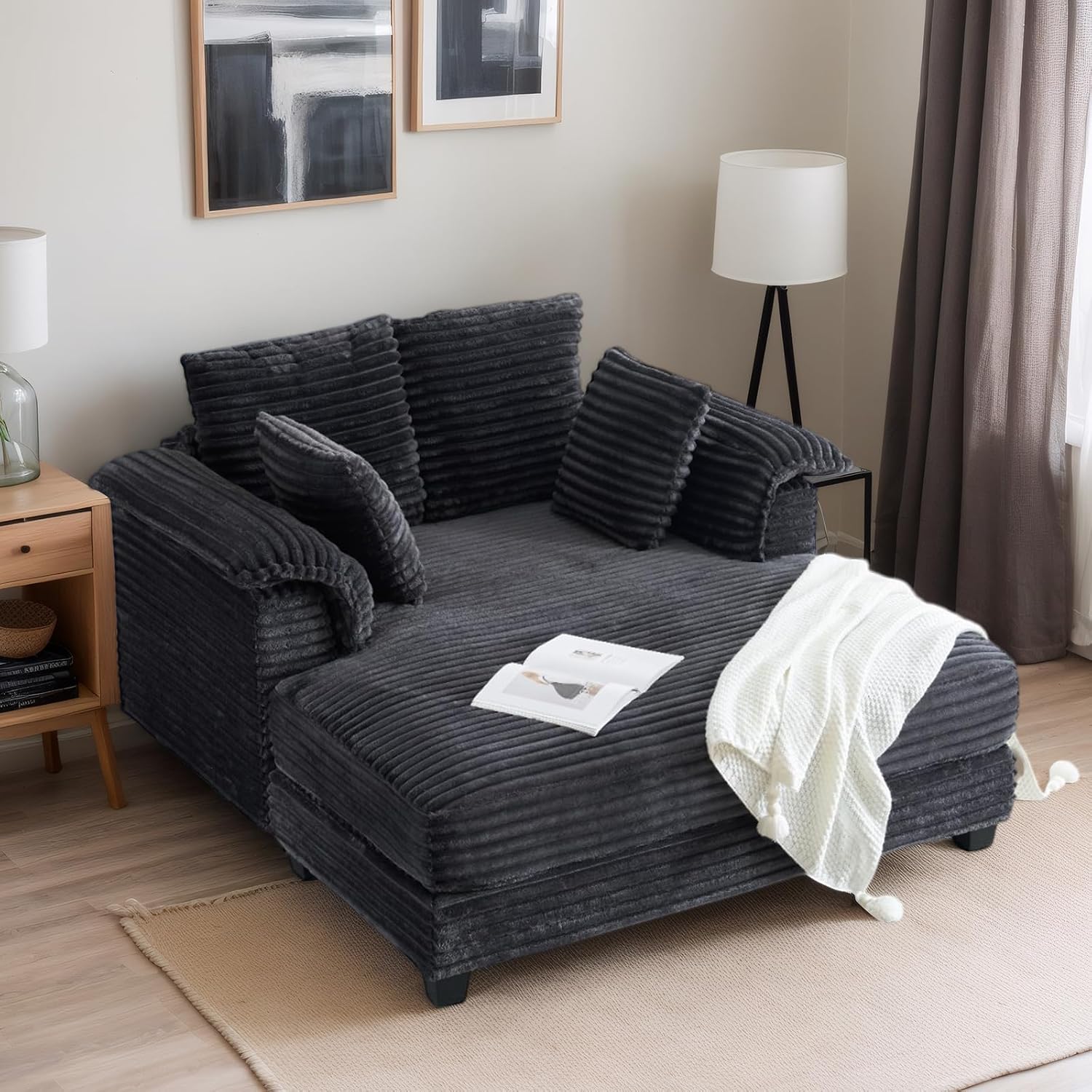 VINGLI 56' Oversized Chaise Lounge Chair, Dark Grey Comfy Corduroy Chaise Sofa Recliner Bed Upholstered Sleeper Couch Bed with Throw Pillows and Armrests for Living Room, Movie Room, Bedroom