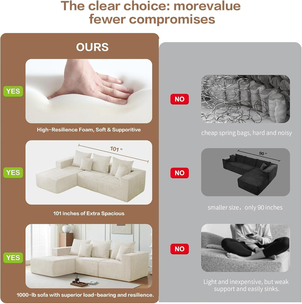 101' Cloud Couch for Bedroom,Boneless Couch with Oversized Chaise,4-Seat Chenille Deep Seat Sofa with 5-Pillows for Living Room,Corduroy Sofa in A Box,Beige